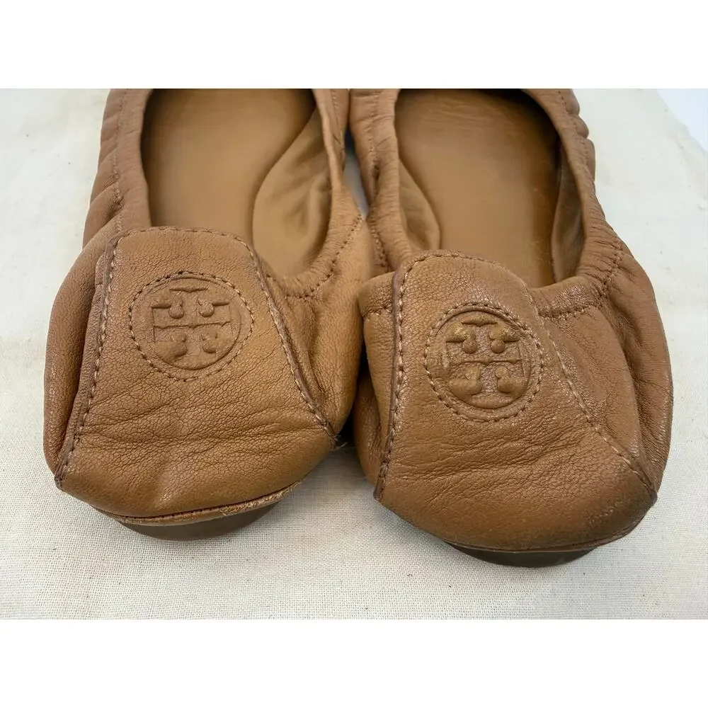 Tory Burch Eddie Leather Ballet Flats Camel Tan Size 8 Logo Foldable Flats
